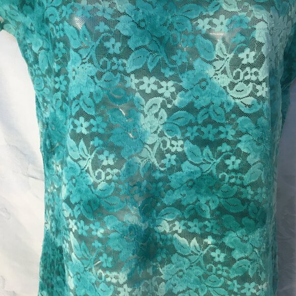 Rue 21 Fashion Lace Blouse Women's Size L Top Stylish Green Aqua Shirt Stretchy - Picture 5 of 14